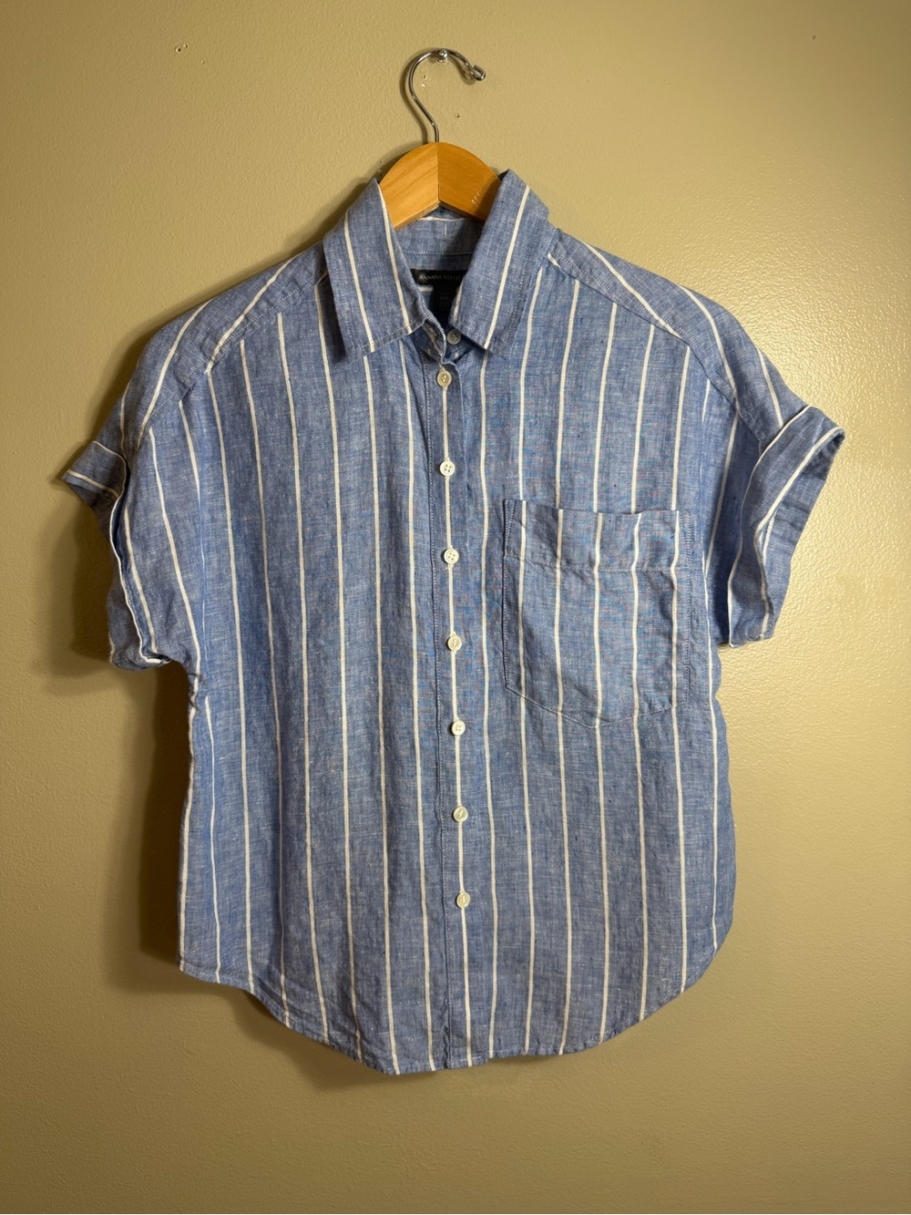 Banana Republic Linen Striped Button Front Shirt Petite XXS Blue White Coastal